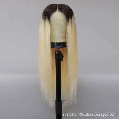 Pre-Plucked 100% Virgin Human Virgin Hair Blonde 1B/613 Blonde Lace Front Wig Dark Roots,HD Transparent Lace Front Wig